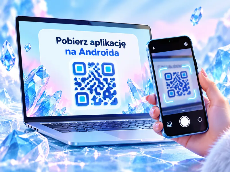 Kod QR do pobrania ICE Casino APK na ekranie komputera i skanujący go smartfon
