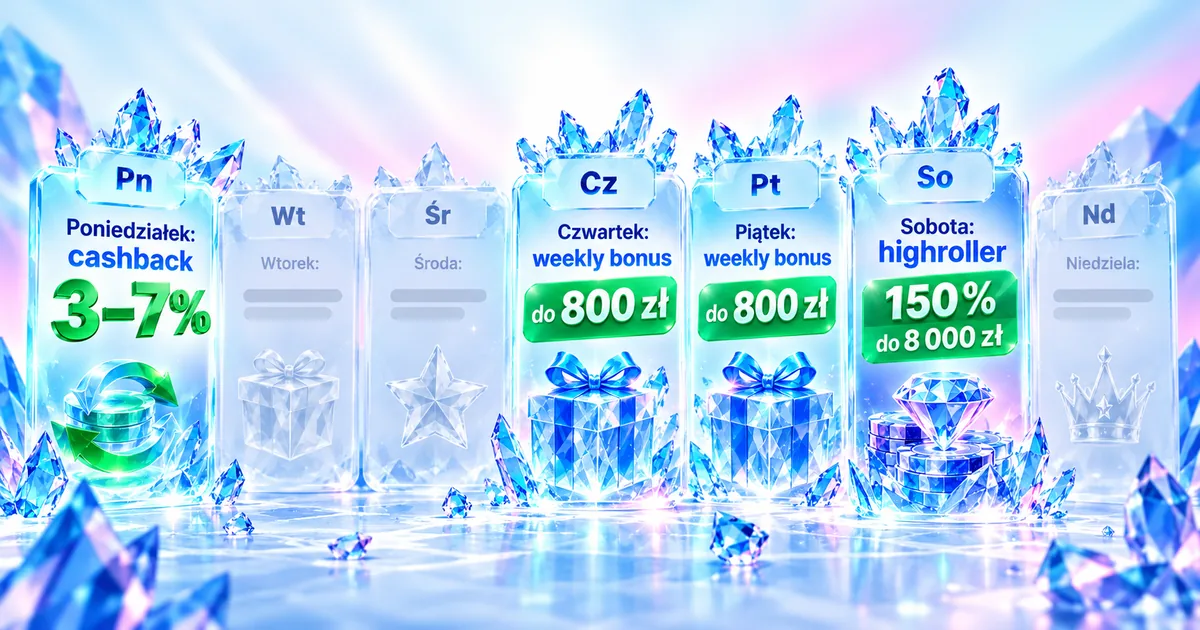 Kalendarz bonusów ICE Casino: cashback w poniedziałek, weekly bonus w czwartek i piątek, highroller w sobotę