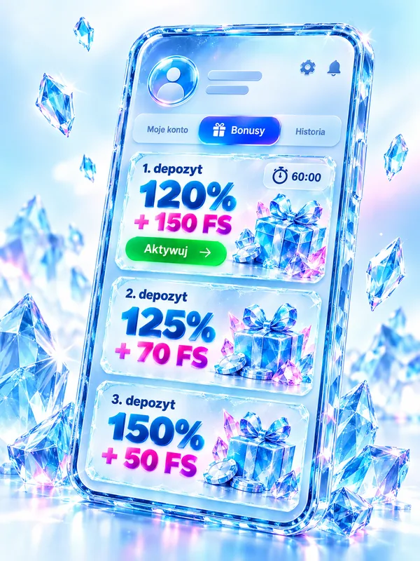 Zakładka Bonusy w profilu ICE Casino z etapami pakietu powitalnego na telefonie