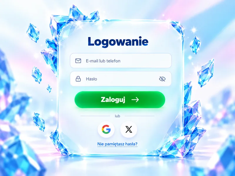Okno logowania ICE Casino z polami e-mail lub telefon i hasło oraz przyciskami Google i X