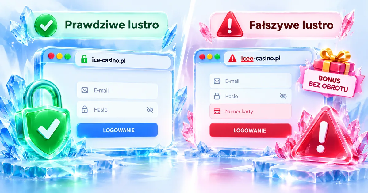 Porównanie prawdziwego i fałszywego lustra ICE Casino: adres, kłódka, pole na kartę